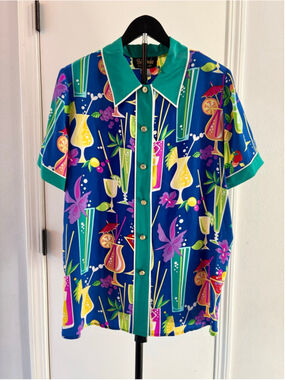 Vintage Bob Mackie Wearable Art NWT 100% Silk Cocktail Print Button Up Shirt 1X